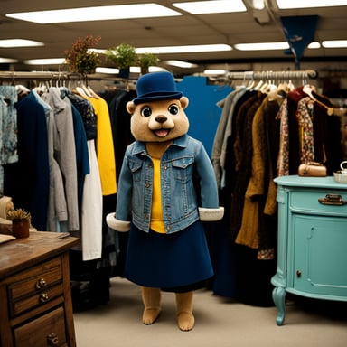 Go blue gopher in second-hand clothes searches for unique finds at the local thrift store, adding a touch of vintage charm to its look.
