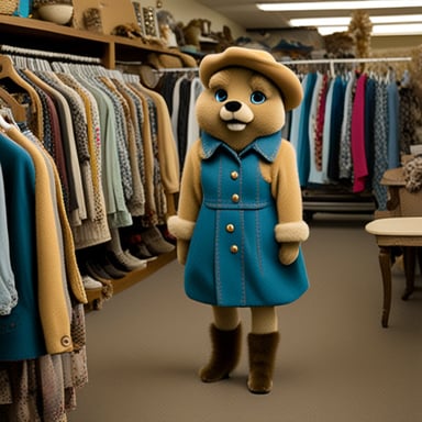Go blue gopher in second-hand clothes searches for unique finds at the local thrift store, adding a touch of vintage charm to its look.