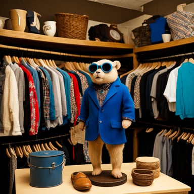 Go blue gopher in second-hand clothes searches for unique finds at the local thrift store, adding a touch of vintage charm to its look.
