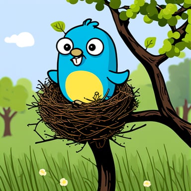 Go Blue Gopher as a bird in a nest on a tree.