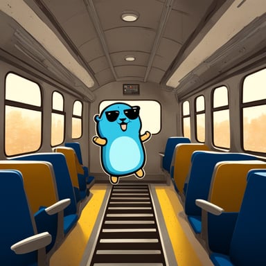 Happy go blue gopher on the train