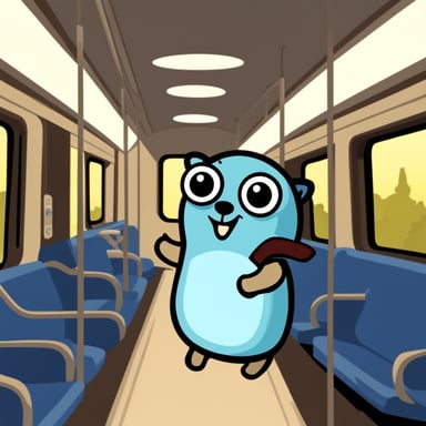 Happy go blue gopher on the train
