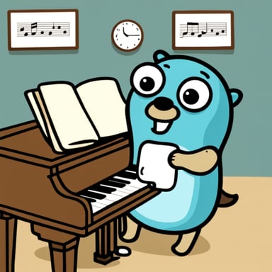 Happy Go Blue Gopher playing piano and singing.