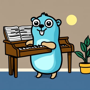 Happy Go Blue Gopher playing piano and singing.