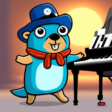 Happy Go Blue Gopher playing piano and singing.