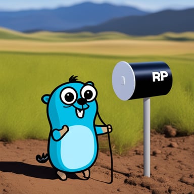 A happy Go Blue Gopher trying to fix a base station antenna with RP written on it.