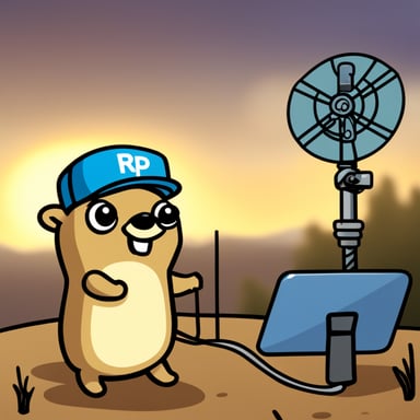 A happy Go Blue Gopher trying to fix a base station antenna with RP written on it.