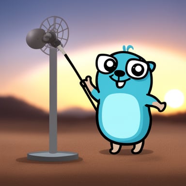 A happy Go Blue Gopher trying to fix a base station antenna with RP written on it.