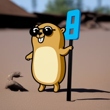 Happy Go Blue Gopher standing next to a base station with an antenna and RP written on it.