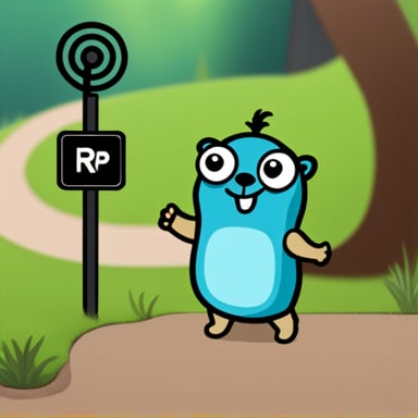 Happy Go Blue Gopher standing next to a base station with an antenna and RP written on it.