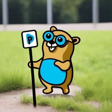 Happy Go Blue Gopher standing next to a base station with an antenna and RP written on it.