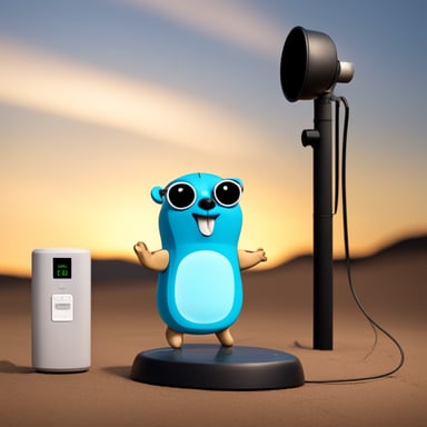 Happy Go Blue Gopher standing next to a base station with an antenna and RP written on it.