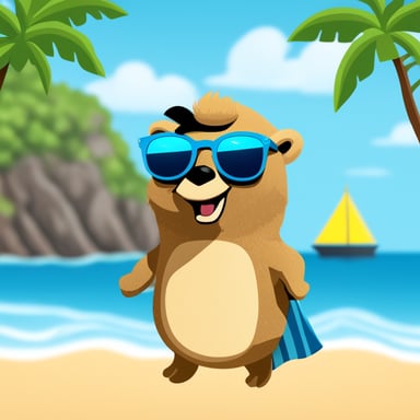 Go Blue Gopher is on a beach wearing a Hawaii shirt and sunglasses. In the background, there is the flag of the island country Aruba.