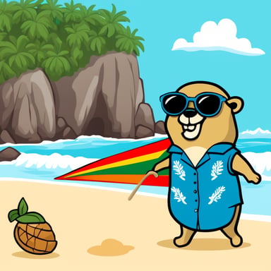 Go Blue Gopher is on a beach wearing a Hawaii shirt and sunglasses. In the background, there is the flag of the island country Aruba.