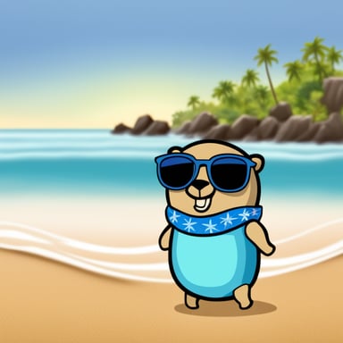 Go Blue Gopher is on a beach wearing a Hawaii shirt and sunglasses. In the background, there is the flag of the island country Aruba.