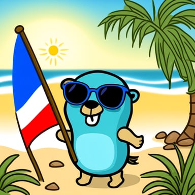 Go Blue Gopher is on a beach wearing a Hawaii shirt and sunglasses. In the background, there is the flag of the island country Aruba.