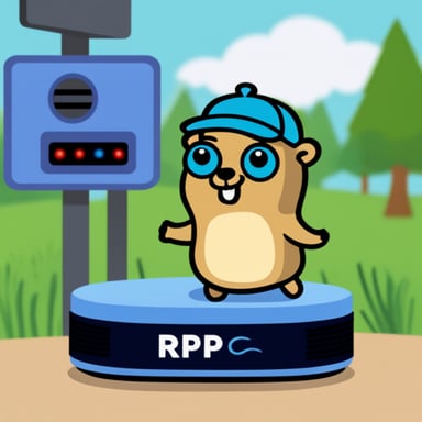 Happy Go Blue Gopher with a shirt that says RP and standing next to a base station.