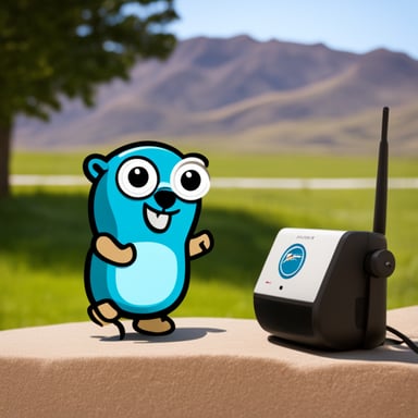 Happy Go Blue Gopher with a shirt that says RP and standing next to a base station.
