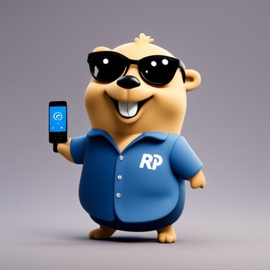 Happy Go Blue Gopher with a shirt that says RP and standing next to a base station.