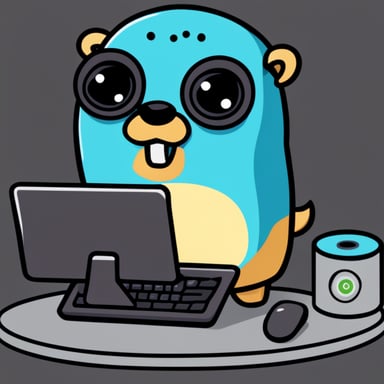 Create go blue gopher as a Go language gopher fixing a WIFI router that has a label RP on it, using flat colors and no shading.