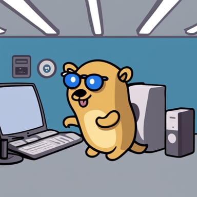 Create go blue gopher as a Go language gopher fixing a WIFI router that has a label RP on it, using flat colors and no shading.