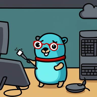 Create go blue gopher as a Go language gopher fixing a WIFI router that has a label RP on it, using flat colors and no shading.
