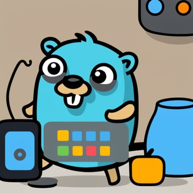 Create go blue gopher as a Go language gopher fixing a WIFI router that has a label RP on it, using flat colors and no shading.