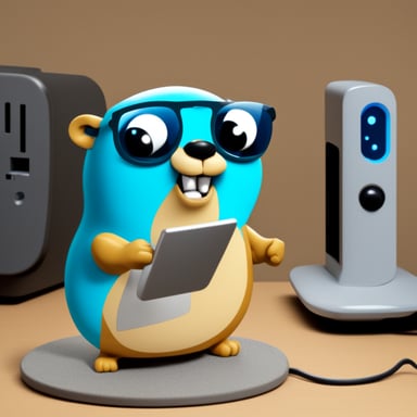 Happy Go Blue Gopher fixing a hardware Wi-Fi internet router.