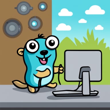 Happy Go Blue Gopher fixing a hardware Wi-Fi internet router.