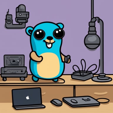 Happy Go Blue Gopher fixing a hardware Wi-Fi internet router.