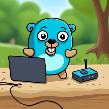 Happy Go Blue Gopher fixing a hardware Wi-Fi internet router.