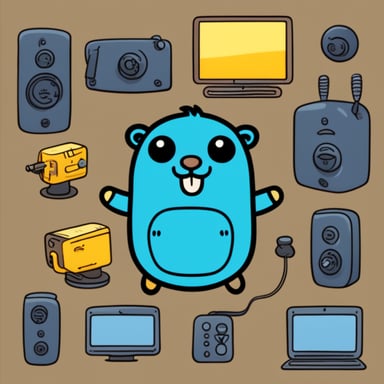 Happy Go Blue Gopher surrounded by hardware WiFi internet routers.