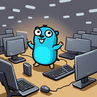 Happy Go Blue Gopher surrounded by hardware WiFi internet routers.