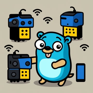 Happy Go Blue Gopher surrounded by hardware WiFi internet routers.