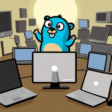 Happy Go Blue Gopher surrounded by hardware WiFi internet routers.