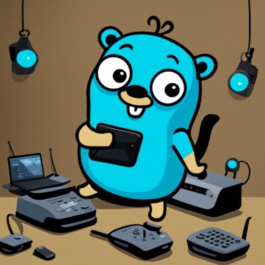 Happy Go Blue Gopher surrounded by hardware WiFi internet routers.