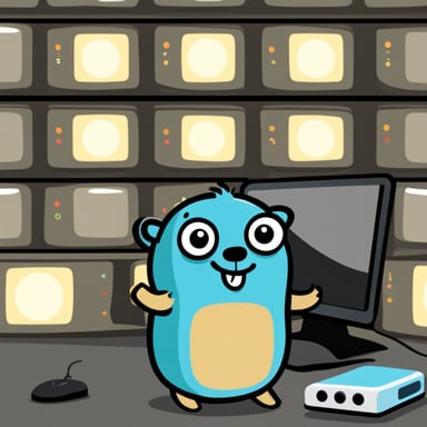 Happy Go Blue Gopher surrounded by hardware WiFi internet routers.