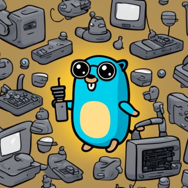 Happy Go Blue Gopher surrounded by hardware WiFi internet routers and antennas.