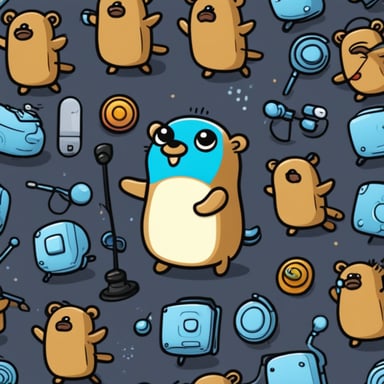 Happy Go Blue Gopher surrounded by hardware WiFi internet routers and antennas.