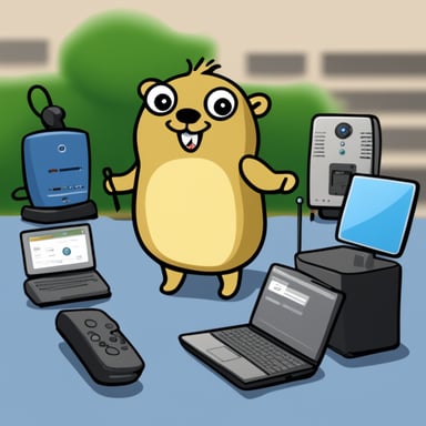 Happy Go Blue Gopher surrounded by hardware WiFi internet routers and antennas.