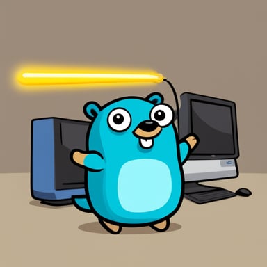 Happy Go Blue Gopher surrounded by hardware WiFi internet routers and antennas