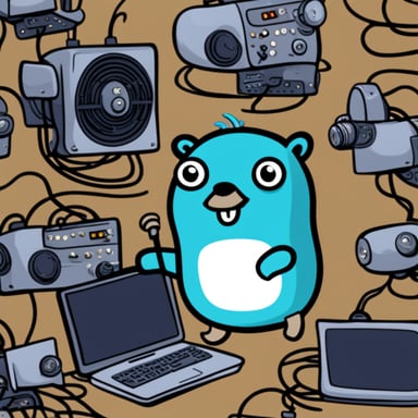 Happy Go Blue Gopher surrounded by hardware WiFi internet routers and antennas