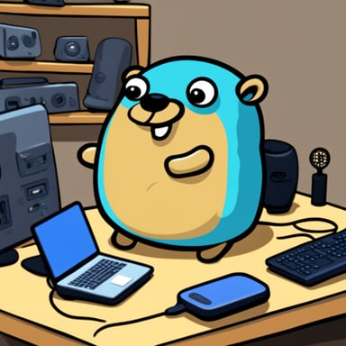 Happy Go Blue Gopher surrounded by hardware WiFi internet routers and antennas