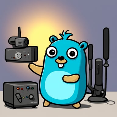 Happy Go Blue Gopher surrounded by hardware WiFi internet routers and antennas