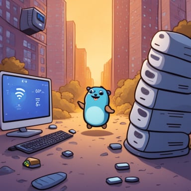 Happy Go Blue Gopher surrounded by hardware WIFI access points and Bluetooth beacons.