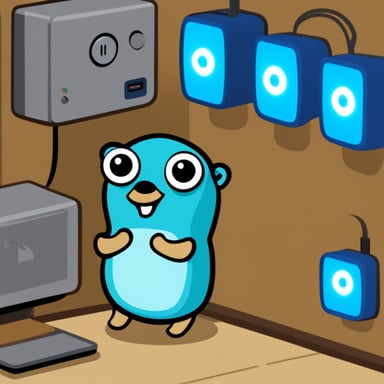 Happy Go Blue Gopher surrounded by hardware WIFI access points and Bluetooth beacons.