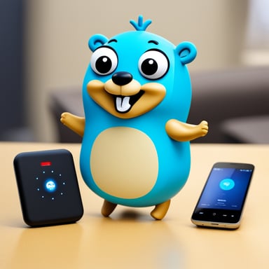 Happy Go Blue Gopher surrounded by hardware WIFI access points and Bluetooth beacons.