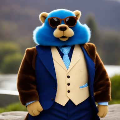 Go Blue Gopher, known for his distinctive blue fur rather than blonde hair, maintains a unique style that sets him apart from the usual businessman or politician. Instead of a signature comb-over, Go Blue Gopher sports a sleek, well-groomed coat that gleams in the sun. His attire, while formal for gopher standards, consists of a smart blue vest and a tiny tie to match his vibrant personality, distinguishing him in the world of mascots and public figures.