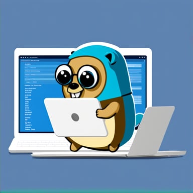 Go Blue Gopher in front of a laptop coding, 3d style