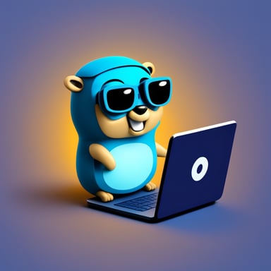 Go Blue Gopher in front of a laptop coding, 3d style
